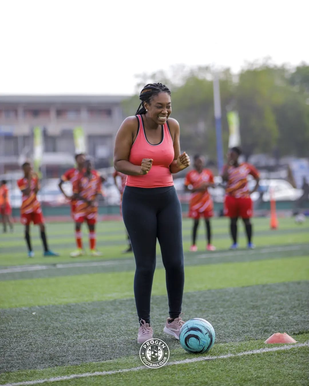 A ProGen FC Ladies player laughing during a training session